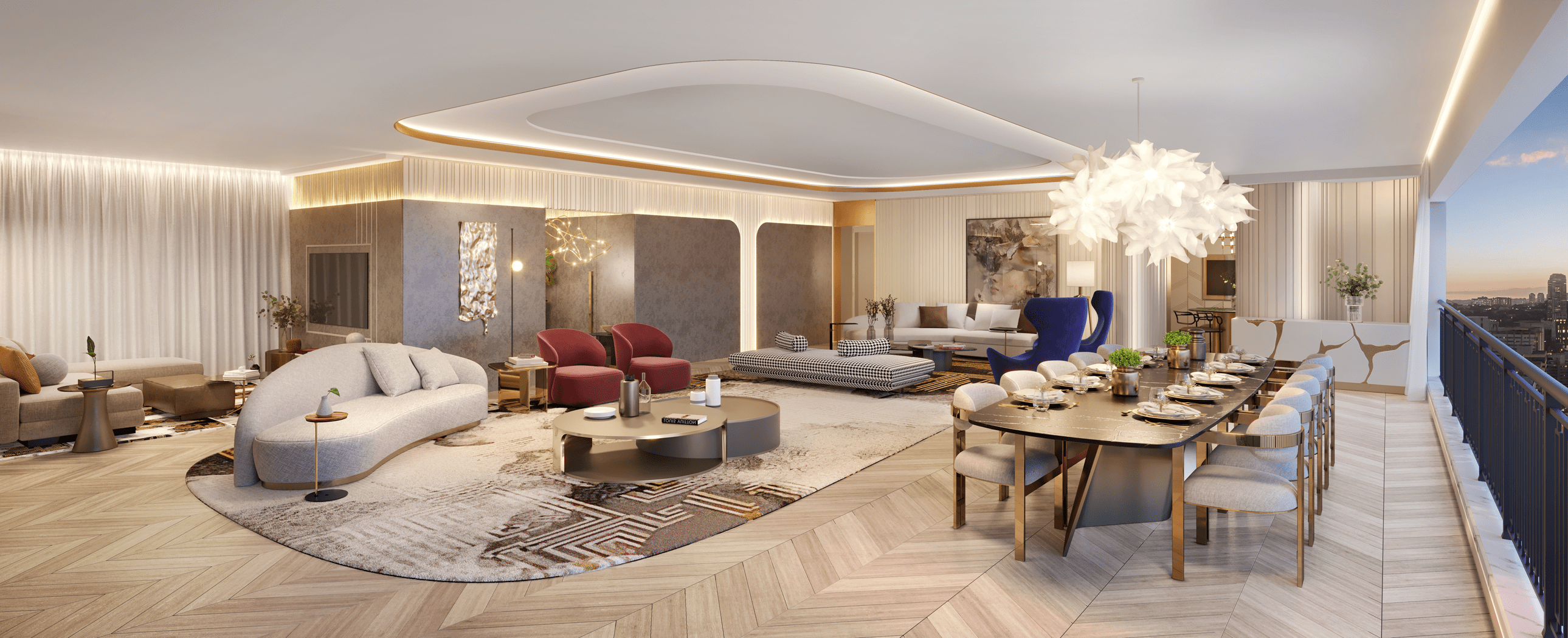Sala de estar e jantar luxuosa e espaçosa em conceito aberto, com piso de madeira em espinha de peixe, um grande tapete abstrato, sofás curvos e poltronas vermelhas. A área de jantar possui uma mesa grande com cadeiras elegantes e um lustre moderno, com acesso a uma varanda que oferece vista para a cidade ao entardecer. A iluminação embutida no teto e detalhes dourados complementam o design contemporâneo.