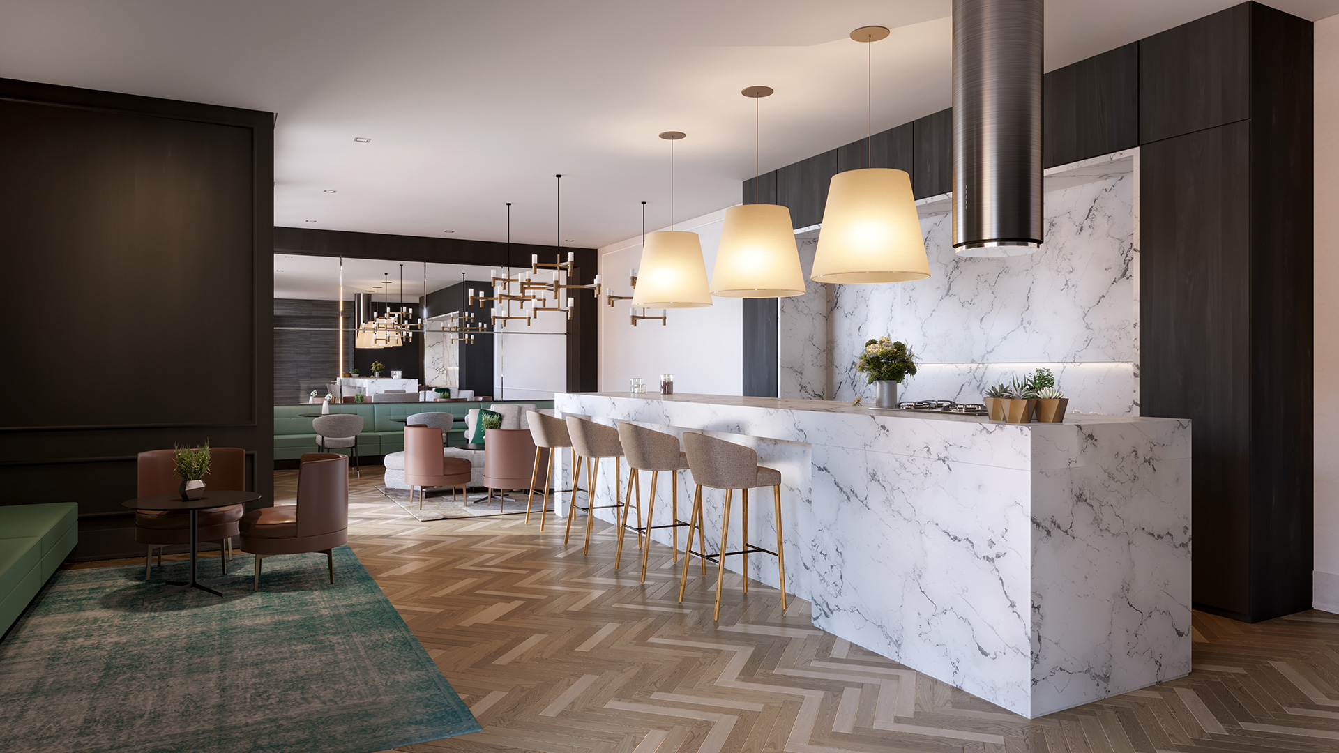 Sala de estar e jantar integrada com um sofá grande em L, mesa de jantar de madeira com cadeiras brancas, iluminação embutida e pendente, e uma varanda com vista panorâmica da cidade ao entardecer.