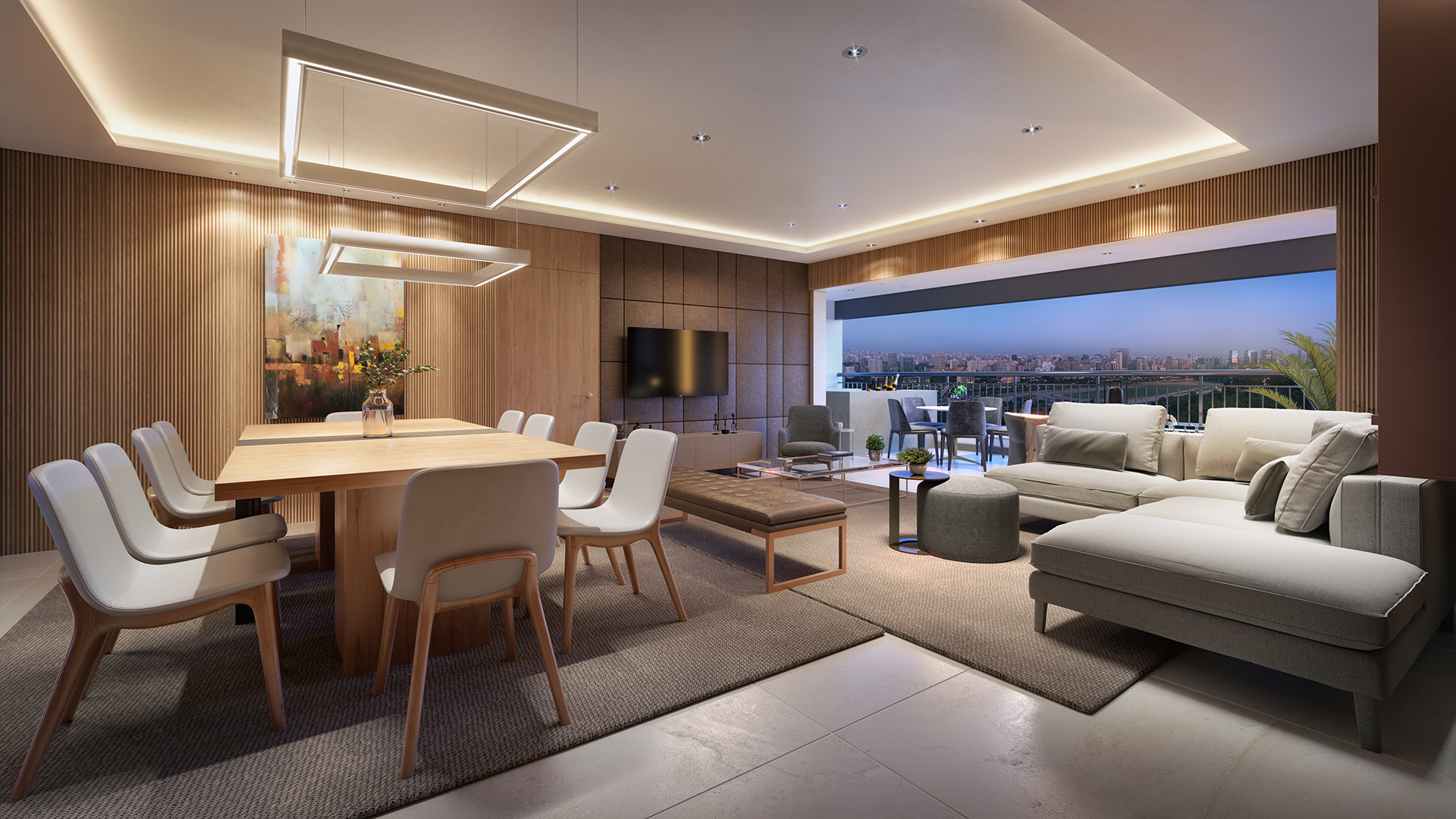 Espaço de convivência moderno com um balcão de mármore branco e cinza, banquetas altas, luminárias pendentes e uma área de lounge com sofás e mesas ao fundo.