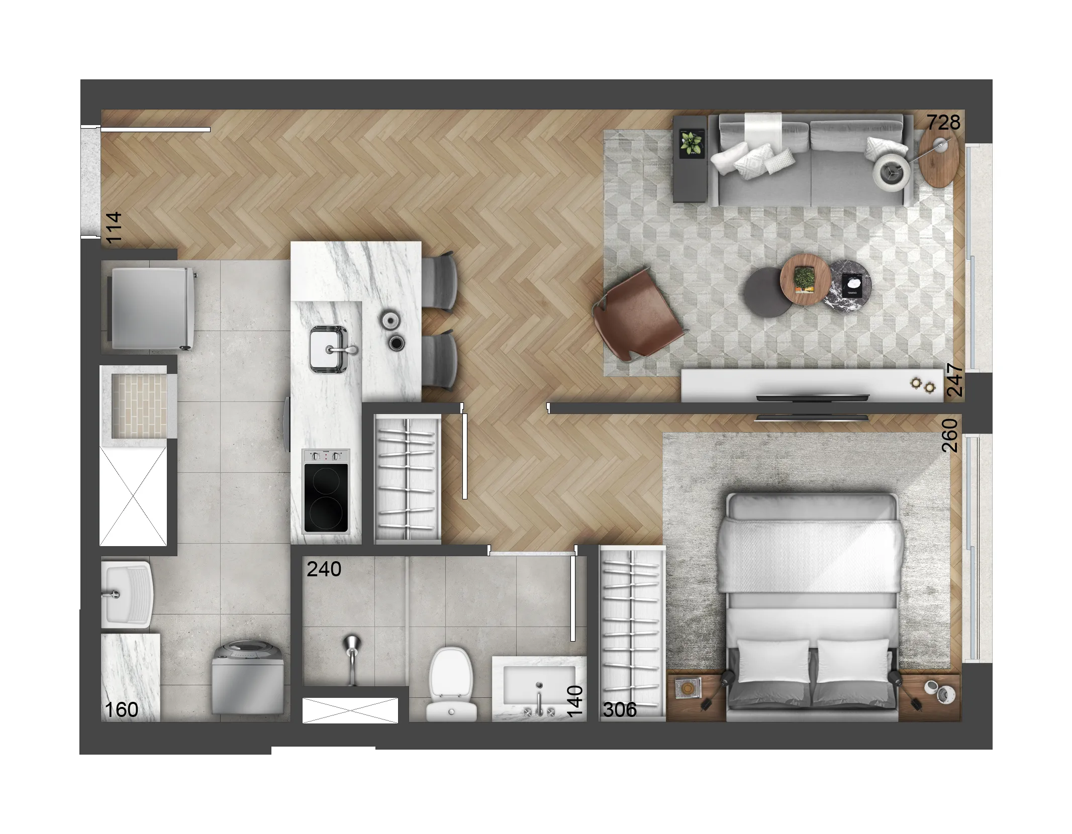 Planta de 43m² | 1 dorm.