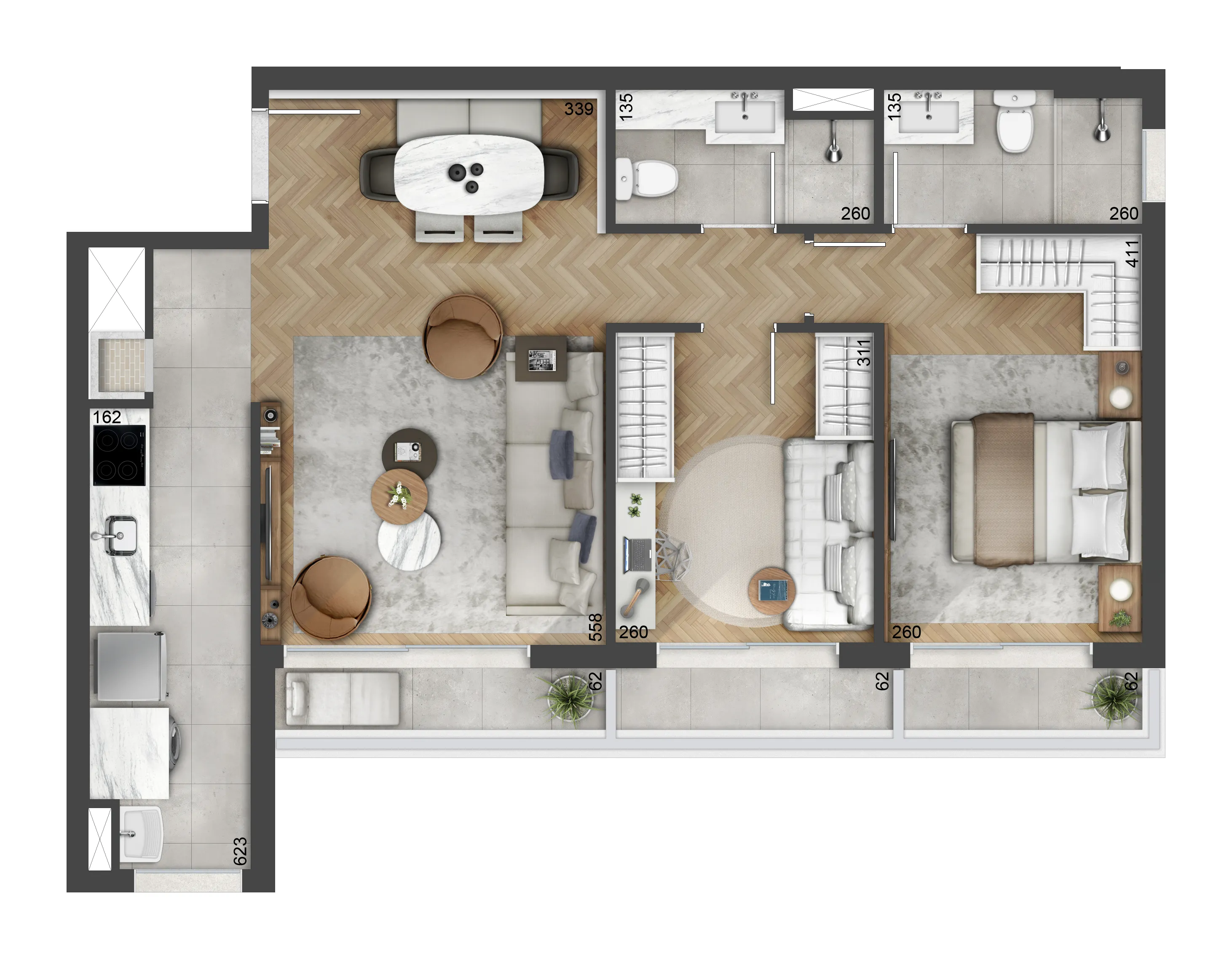 Planta de 74m² | 2 dorms.