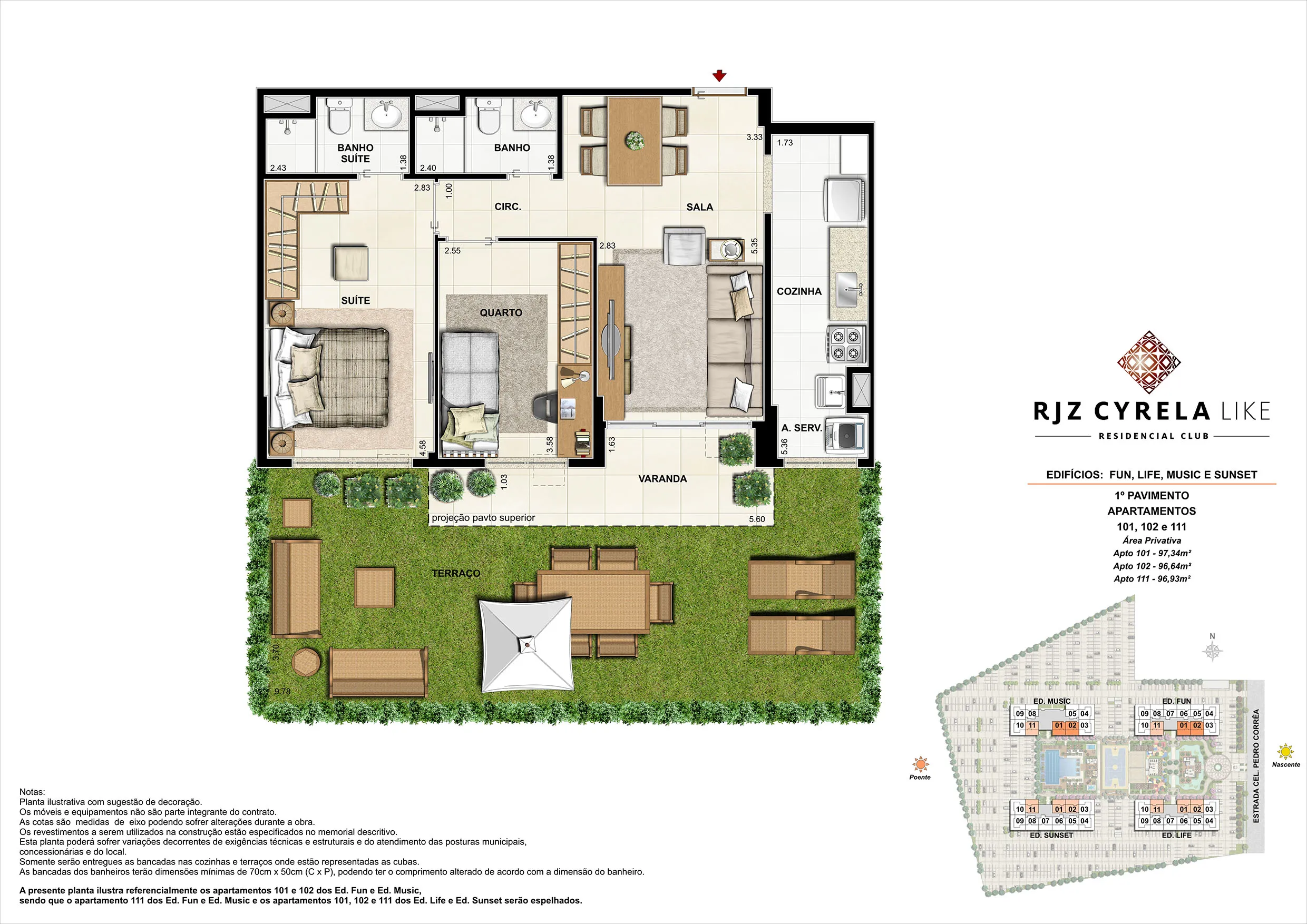 Apartamentos Garden de 2 quartos no 1º Pavimento. Área Privativa 101 - 97,34m², 102 - 96,64m² e 111 - 96,93m²