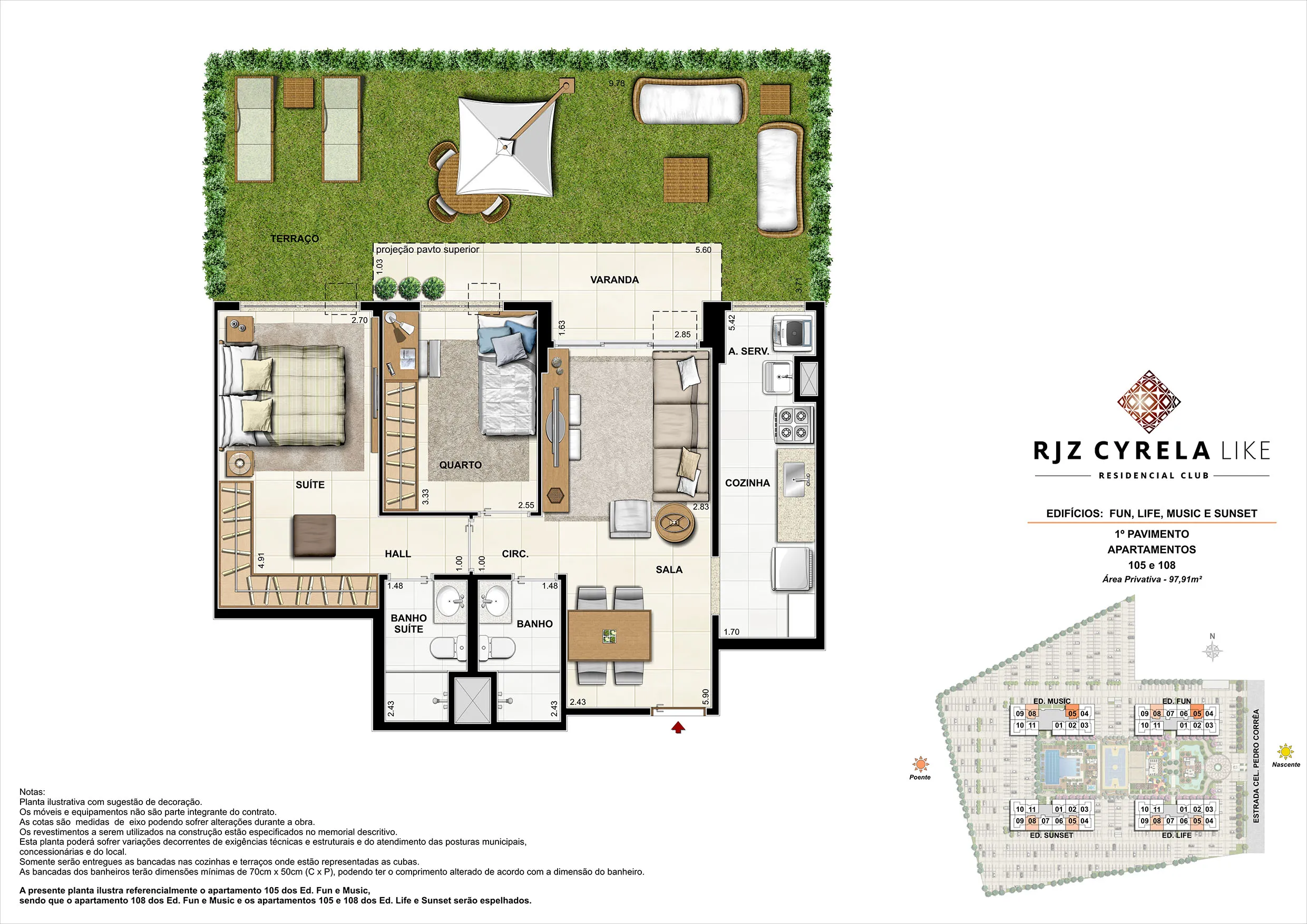 Apartamentos Garden de 2 quartos no 1º Pavimento. Área Privativa 105 e 108 - 97,91m²