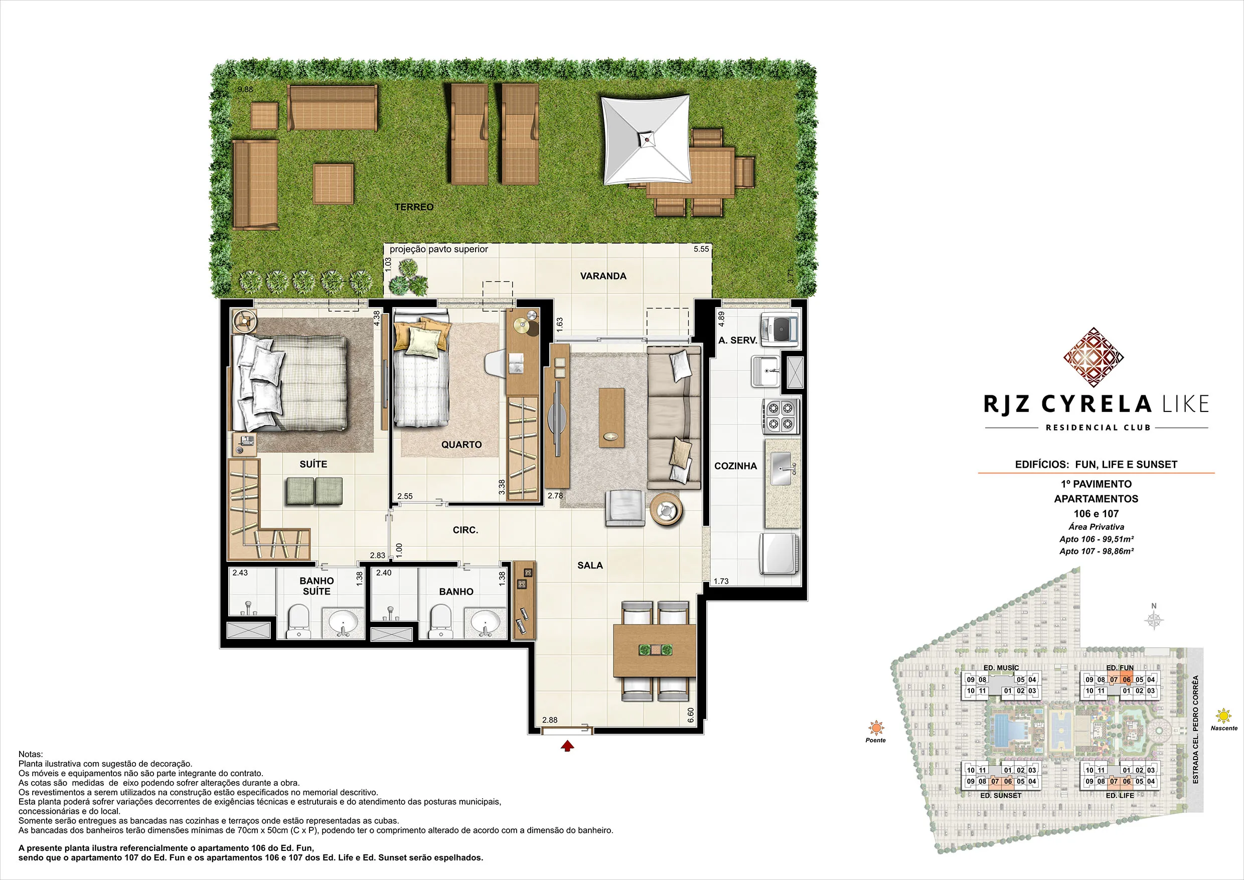 Apartamentos Garden de 2 quartos no 1º Pavimento. Área Privativa 106 - 99,51m² e 107 - 98,86m²