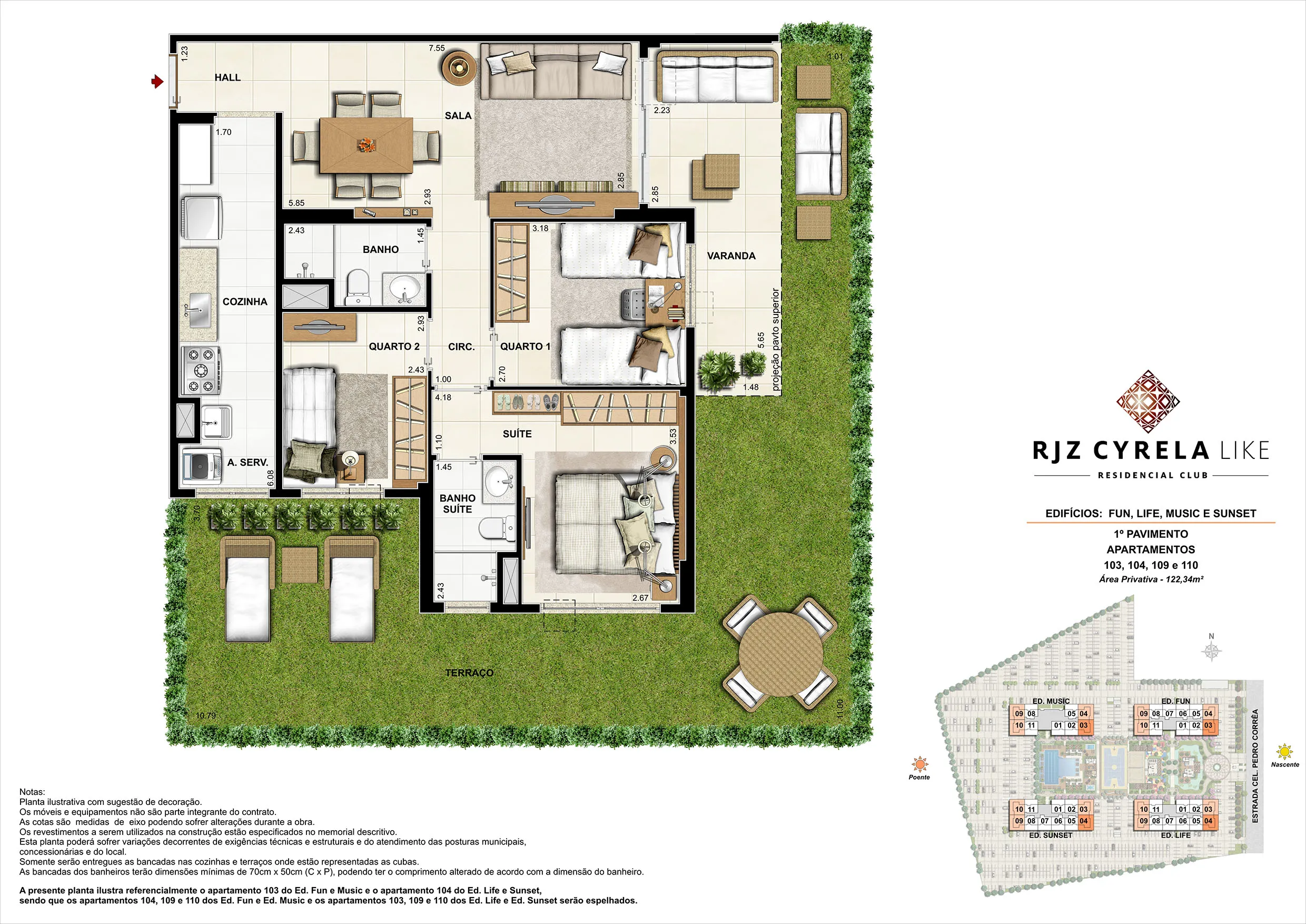 Apartamentos Garden de 3 quartos no 1º Pavimento. Área Privativa 103, 104, 109 e 110 - 122,34m²