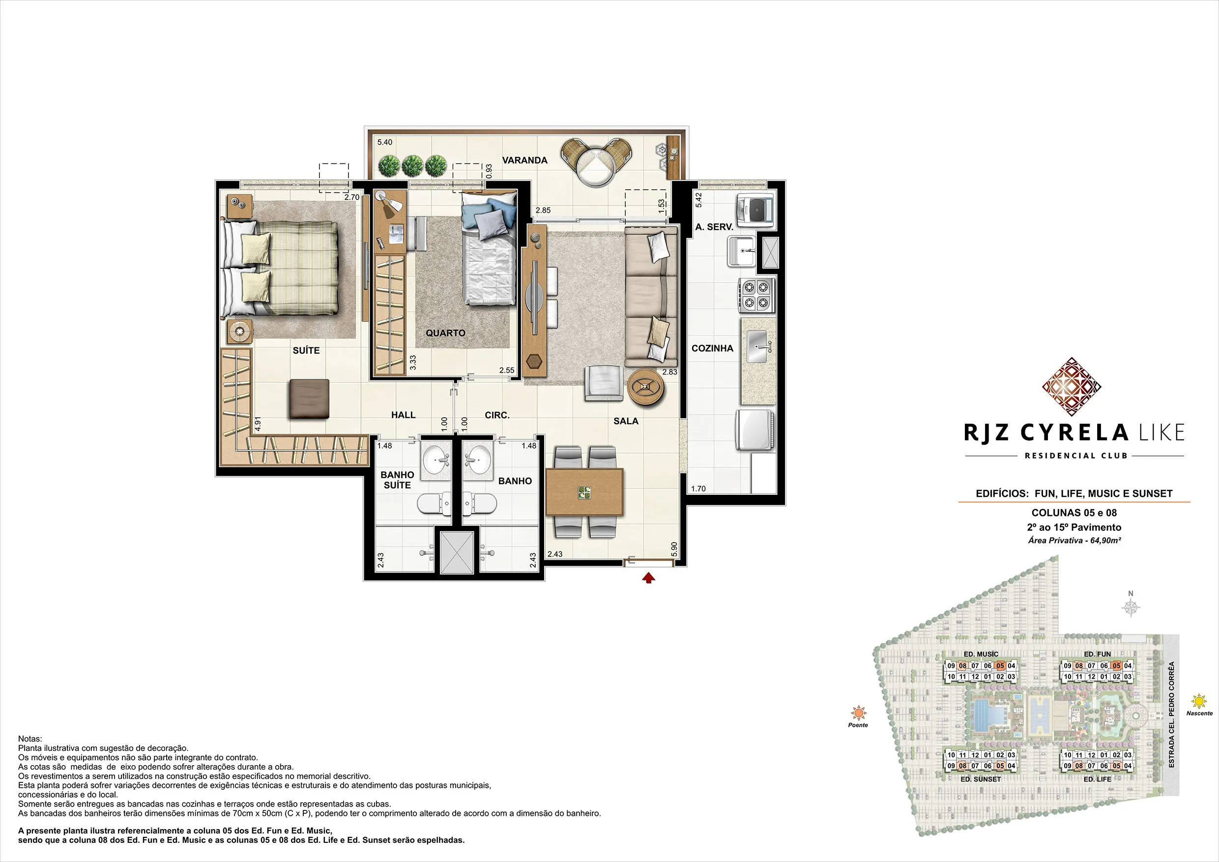 Apartamentos Tipo de 2 quartos do 2º ao 15º Pavimento. Área Privativa Colunas 05 e 08 - 64,90m²