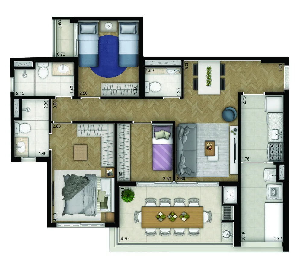 Planta Tipo 88 m² I 03 Dorms I 01 Suíte