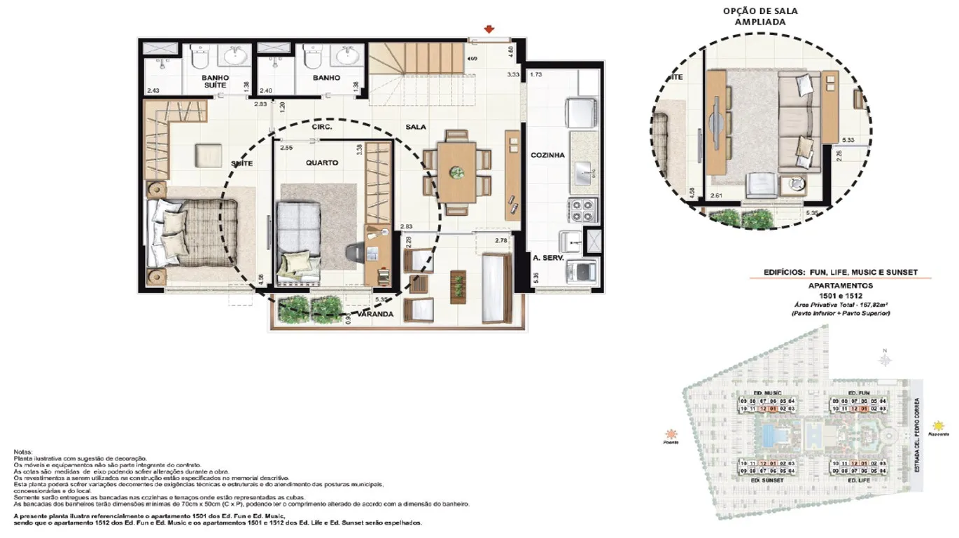 Coberturas Duplex (pavimento inferior - opção 3 quartos). Área Privativa 1501 e 1512 - 167,82m²