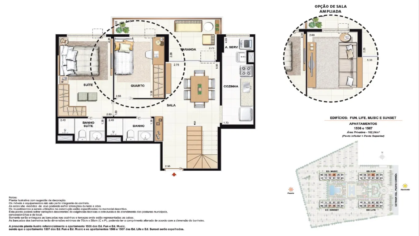 Coberturas Duplex (pavimento inferior - opção 3 quartos). Área Privativa 1506 e 1507 - 162,24m²