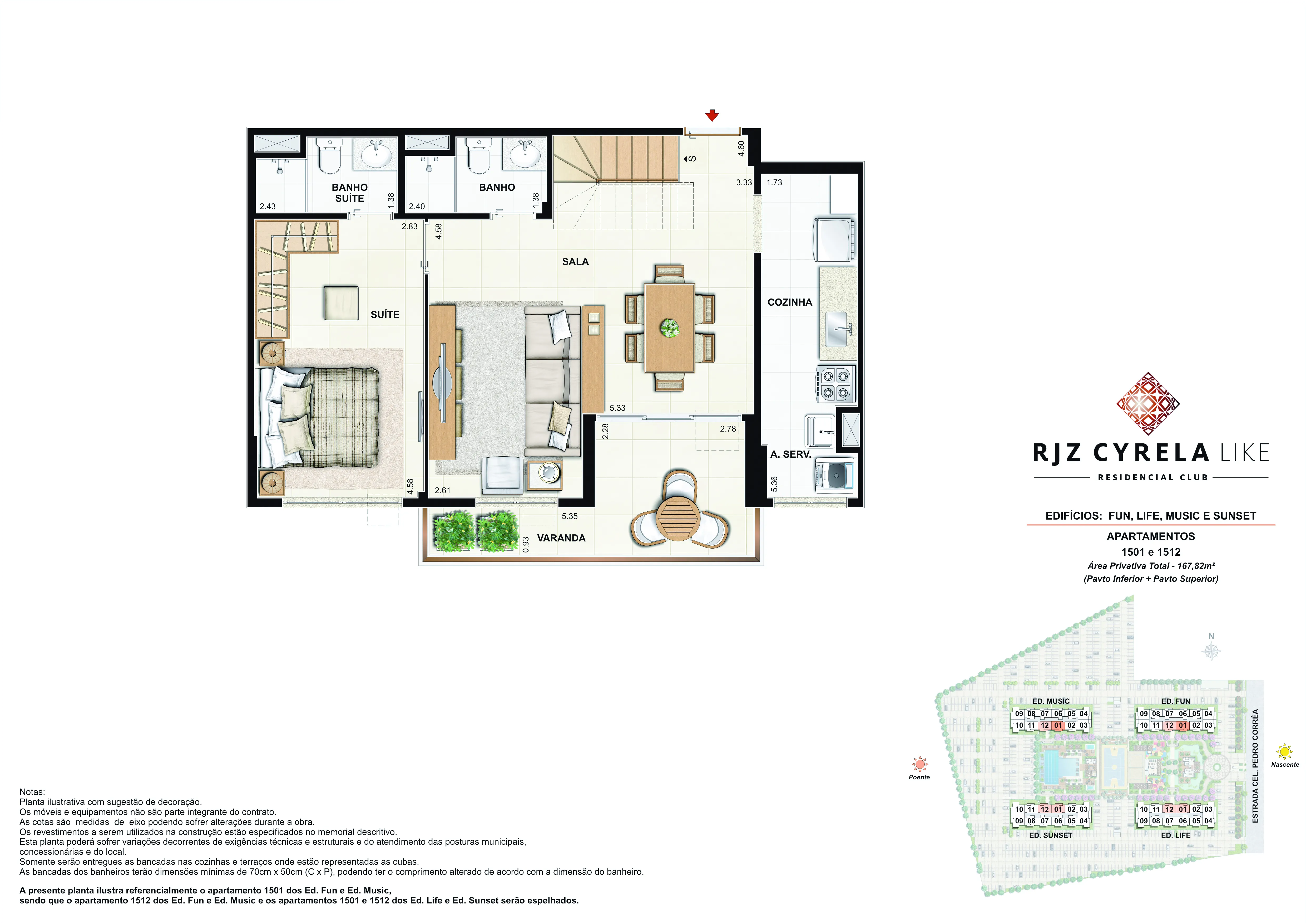 Coberturas Duplex (pavimento inferior - opção sala ampliada). Área Privativa Total 1501 e 1512 - 167,82m²