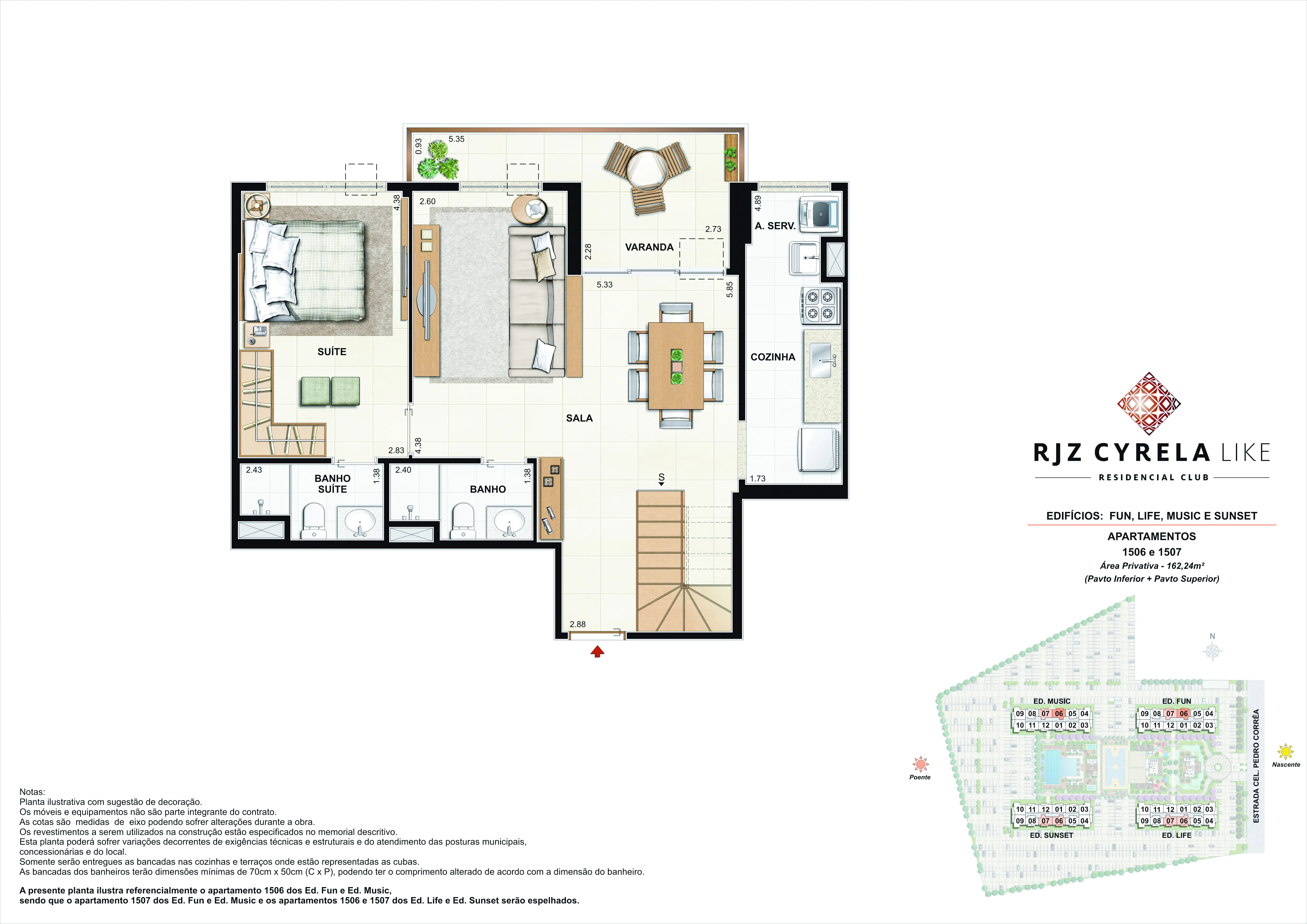 Coberturas Duplex (pavimento inferior - opção sala ampliada). Área Privativa Total 1506 e 1507 - 162,24m²