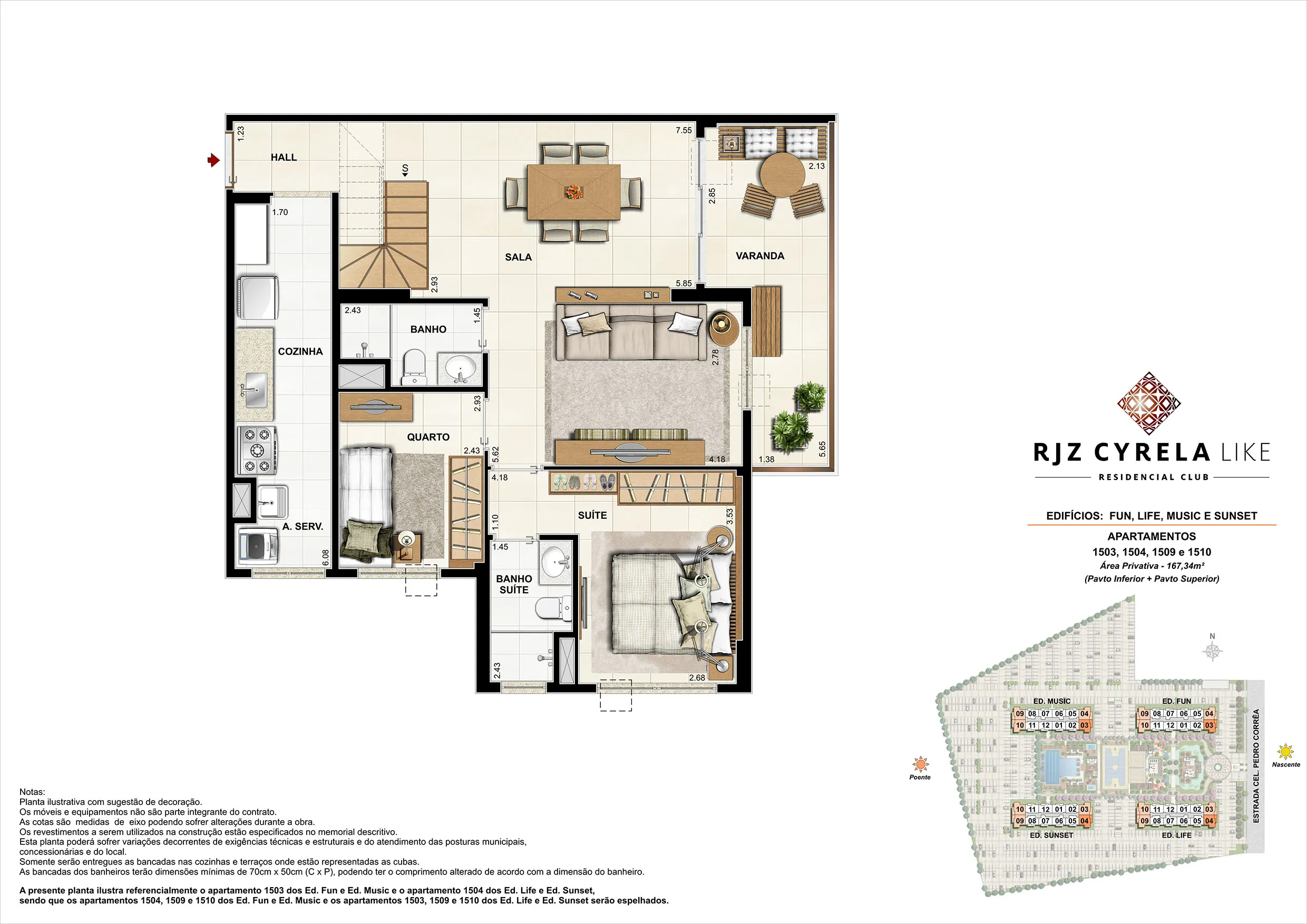 Coberturas Duplex (pavimento inferior). Área Privativa Total 1503, 1504, 1509 e 1510 - 167,37m²