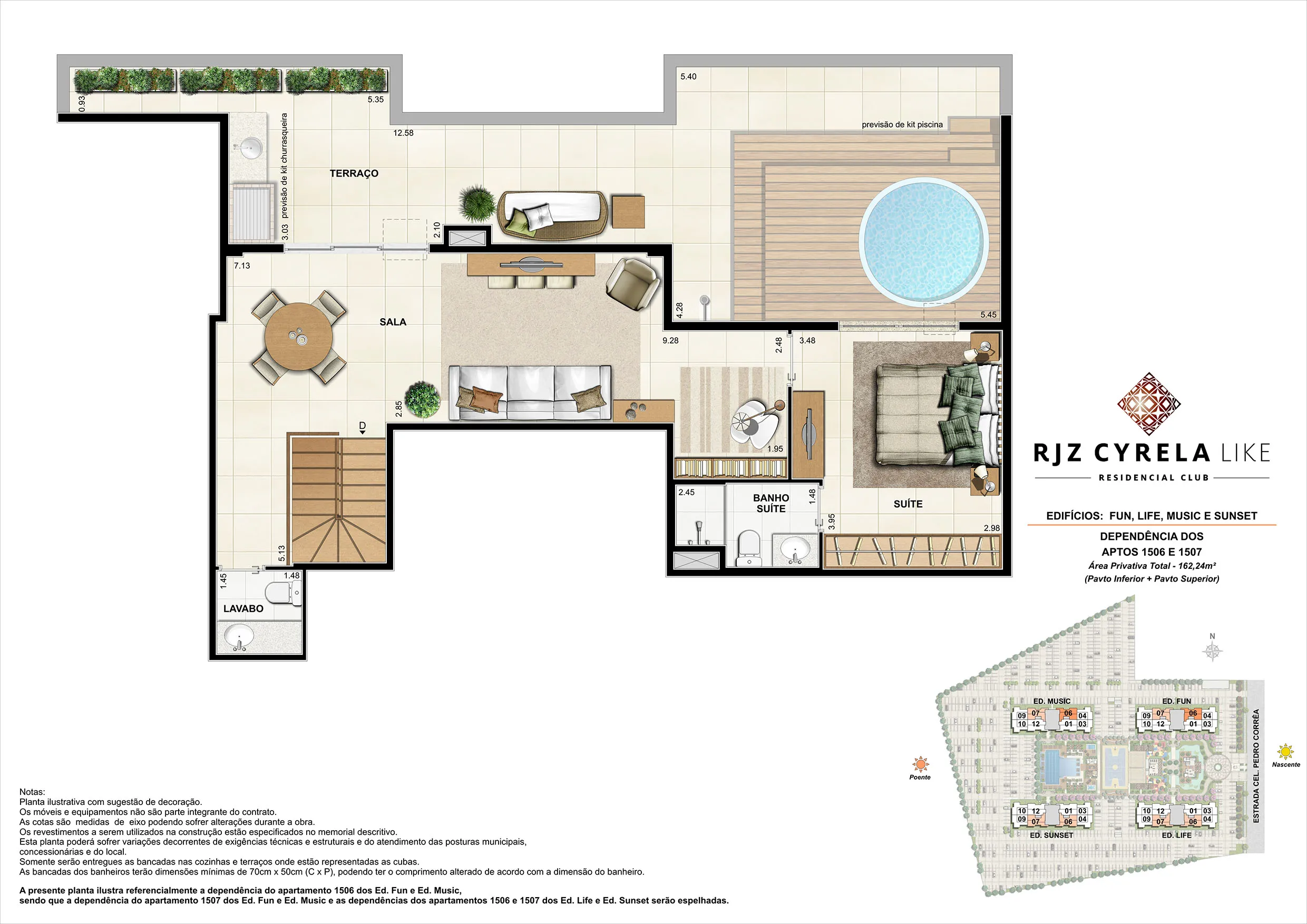 Coberturas Duplex (pavimento superior - terraço). Área Privativa Total 1506 e 1507 - 162,24m²