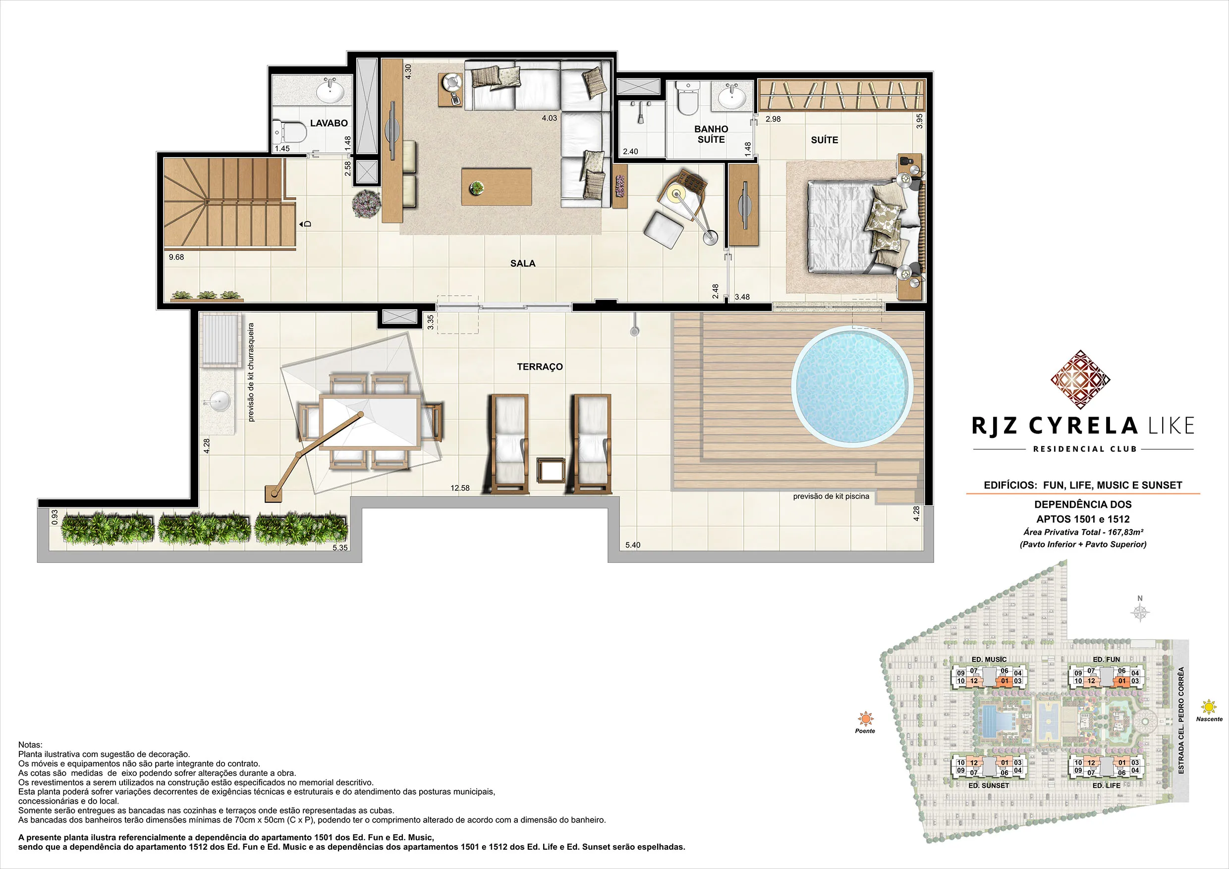 Coberturas Duplex (pavimento superior - terraço). Área Privativa Total 1501 e 1512 - 167,82m²