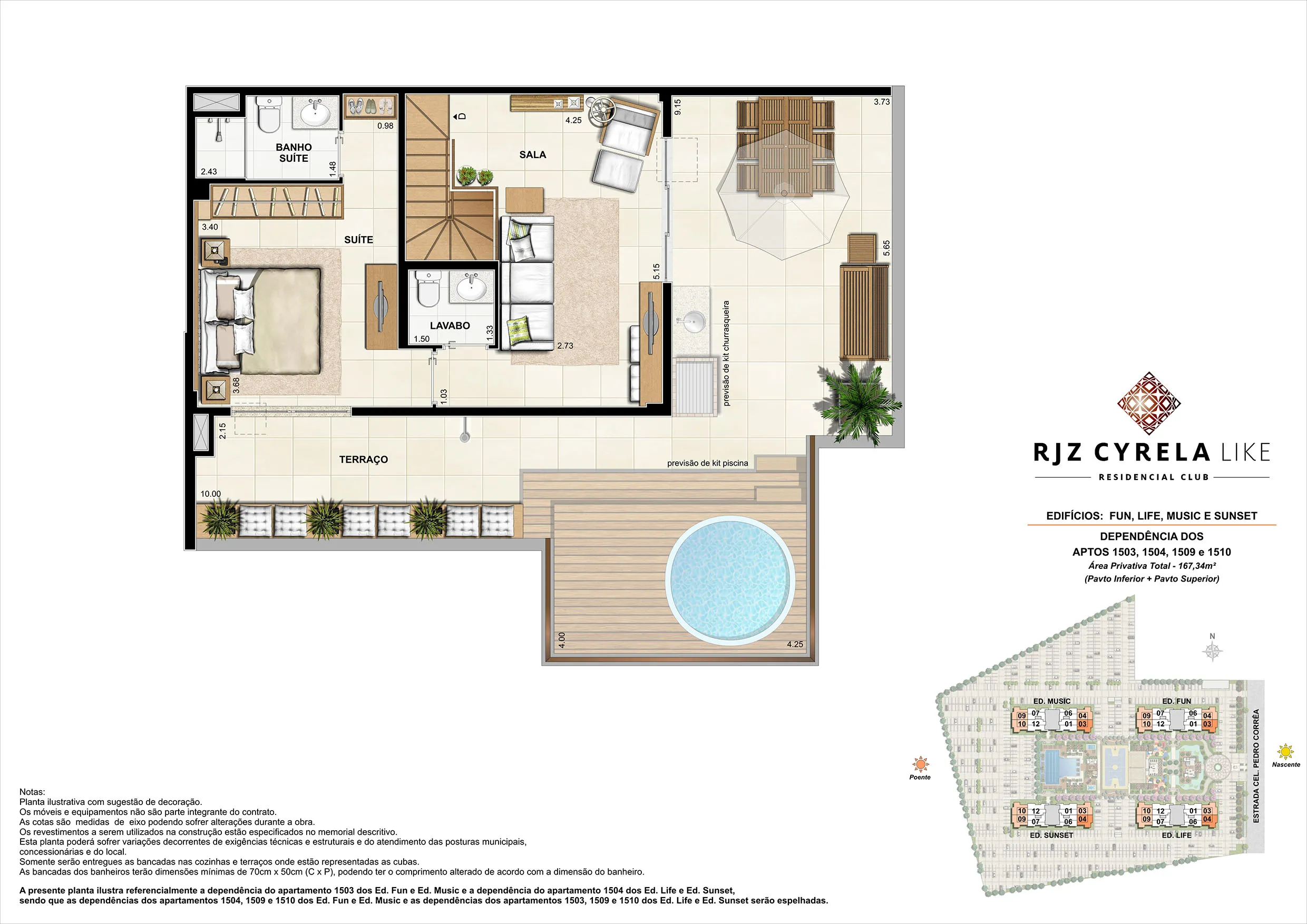 Coberturas Duplex (pavimento superior - terraço). Área Privativa Total 1503, 1504, 1509 e 1510 - 167,37m²