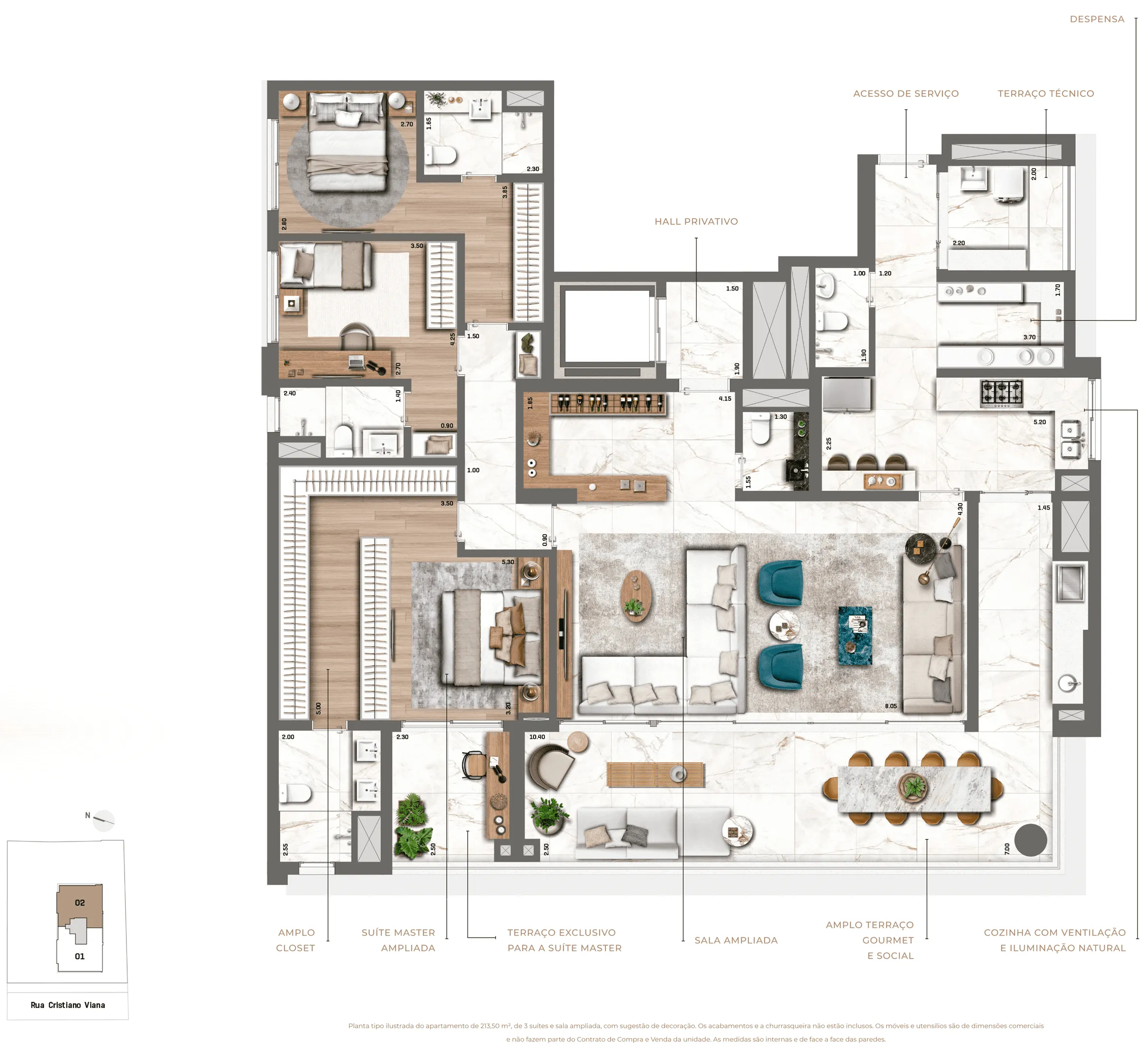 Planta Opção 213 m² | 3 Suítes | Sala Ampliada