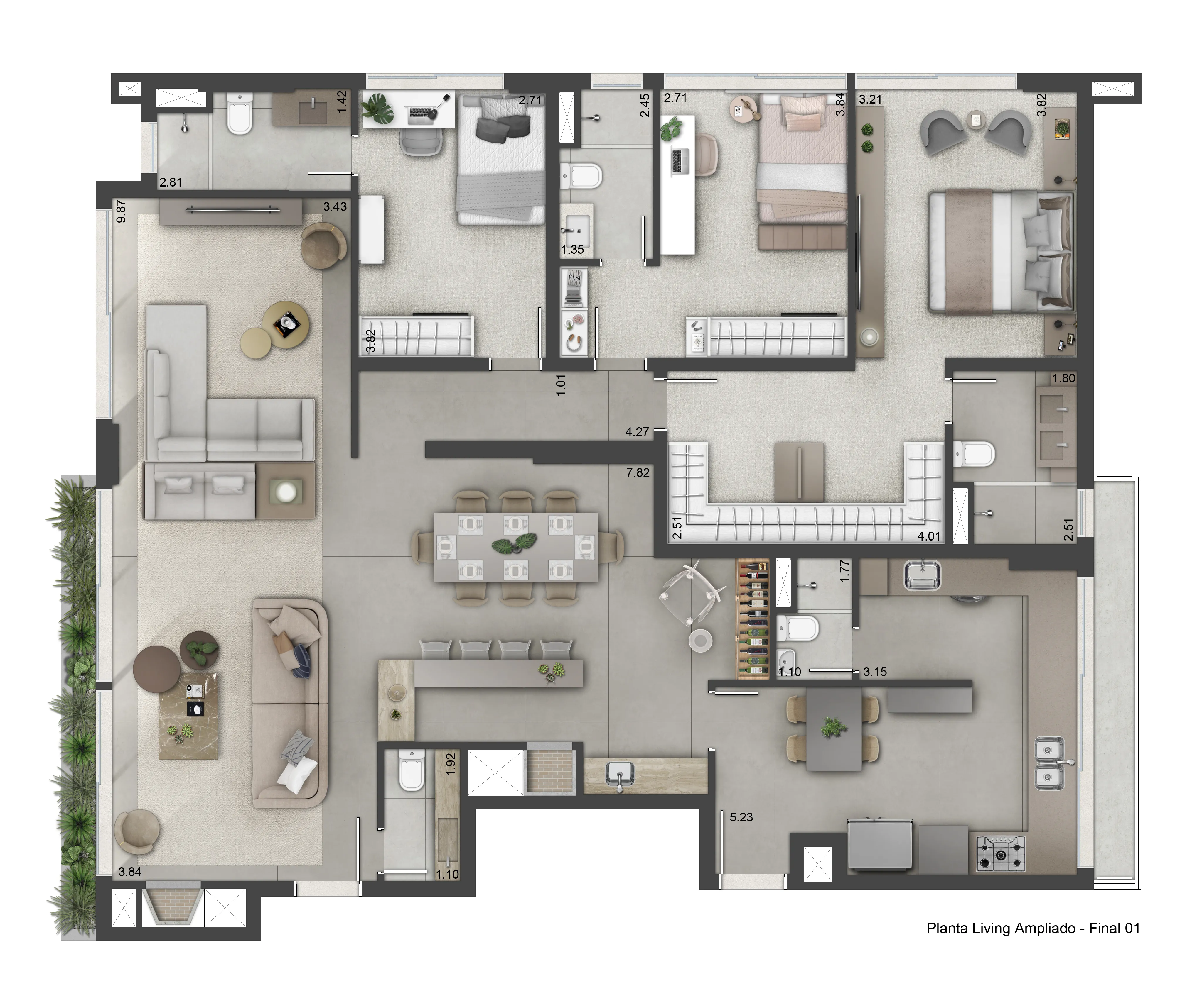 Planta 3 dorms. - Living Estendido | 173m²