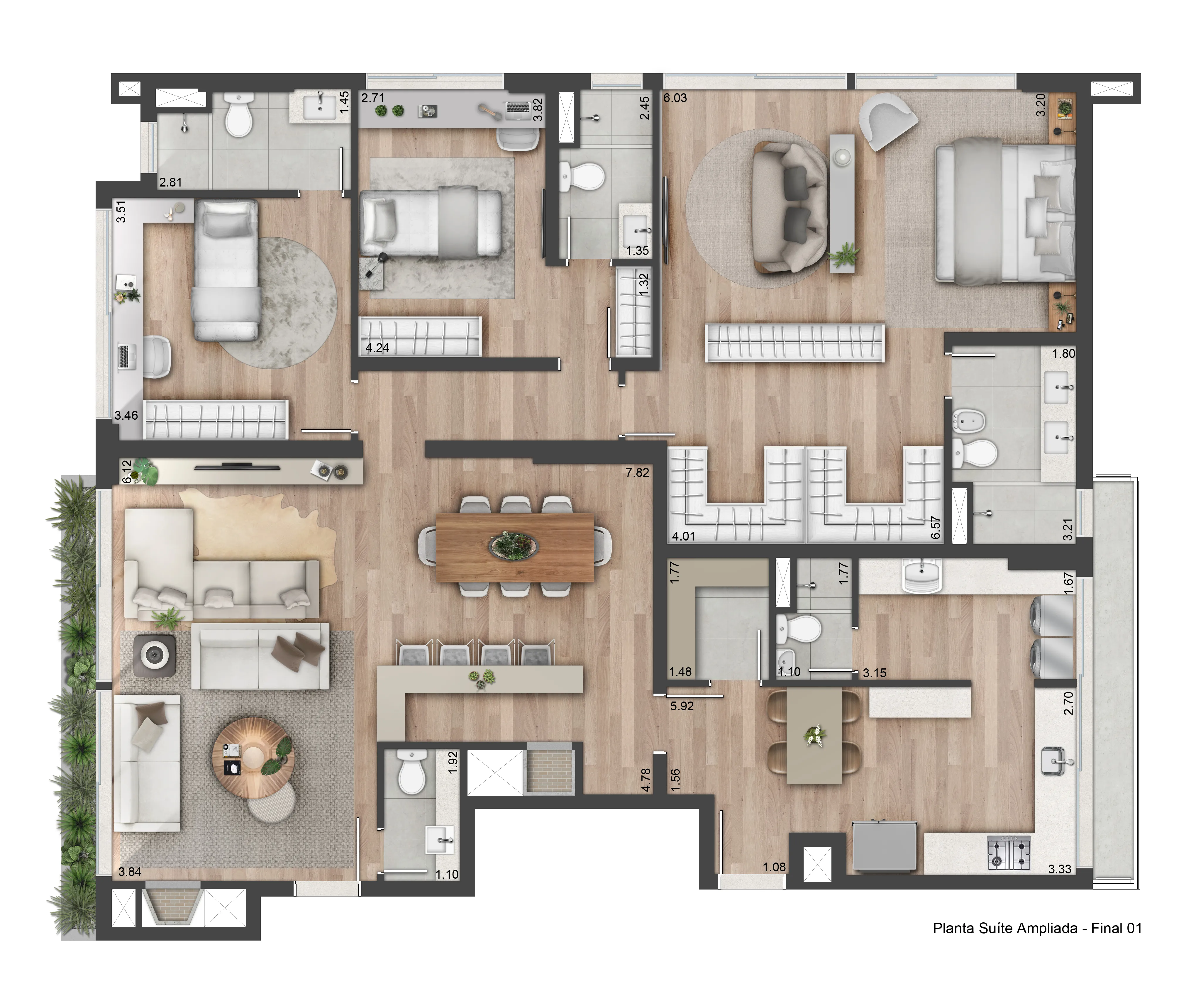 Planta 3 dorms. - Suíte Ampliada | 173m²