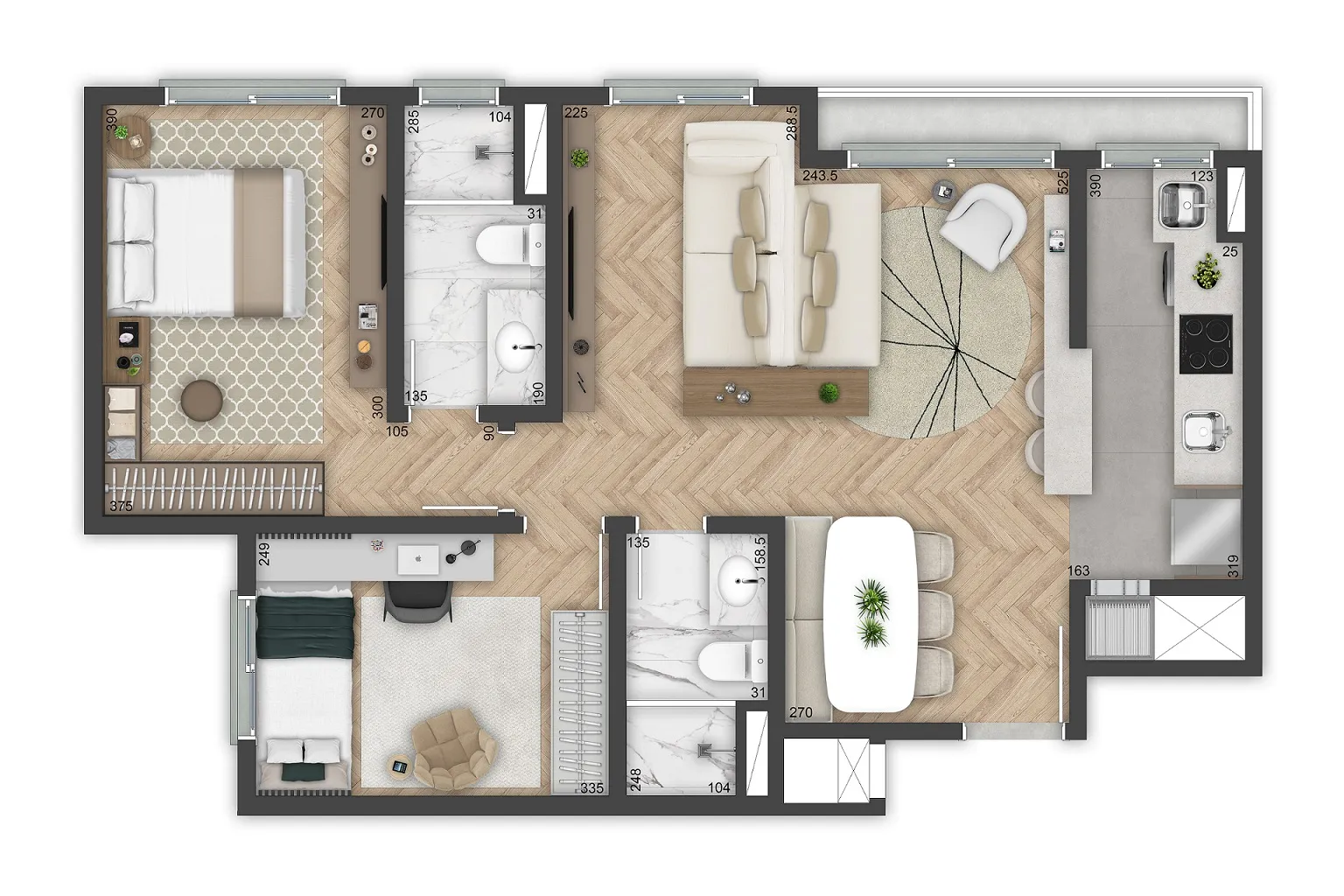 Planta | 2 dorms com living estendido | 67m²