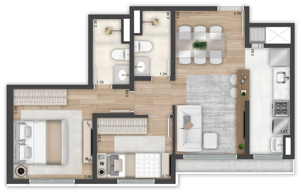 2 dormitórios  - 56m² (final 5, 6, 7 e 8)