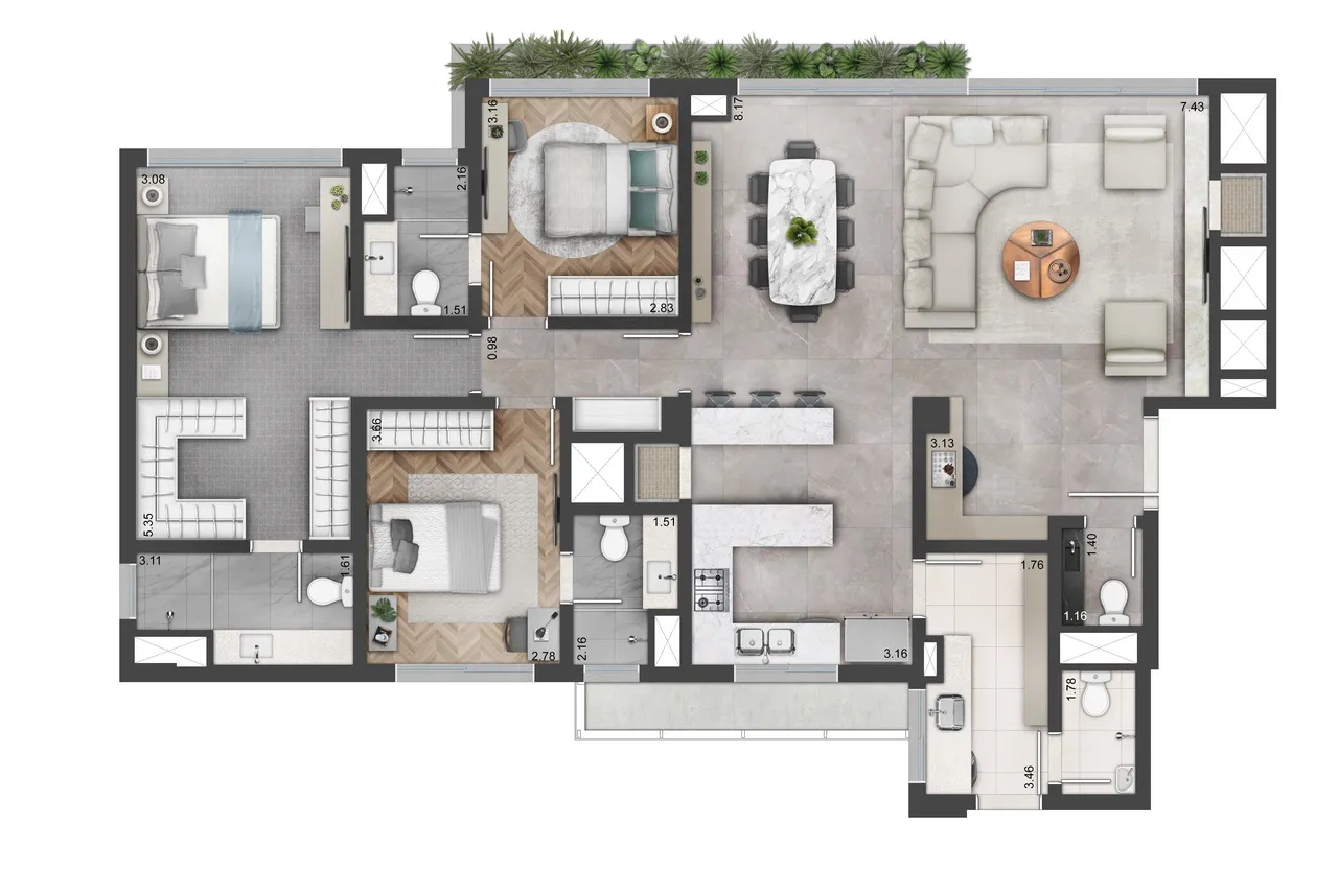 3 SUÍTES 141m2 a 143m2 - cozinha integrada